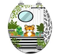 Round Toilet Seat Tiger Bath Black White Animal Botanical Tropical Bathtub Resin Toilet lid with Quietly Close Quick Release Hinges Decorative Seat with Cover Easy to Clean and Install