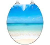 Round Toilet Seat with Quiet Close, Quick Release Hinges, Tropical Beach Okinawa Design, Decorative Resin Lid, Easy to Clean and Install