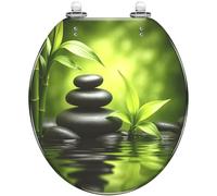 Round Toilet Seat Zen Basalt Stones Bamboo Resin Toilet Seat Quietly Close Quick Release Hinges with Cover Bumpers Decorative Easy to Install Clean Style 5 Round