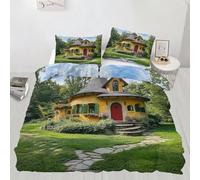 Round Tower Cottage Duvet Cover Super King Fairy Tale House Bedding Set with 2 Pillowcases Fairy Tale Rural Breathable - Ideal for All Seasons (260x220cm)