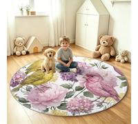 Round Traditional Flower Bird Rug 90 cm, Canary Hydrangea Anti-Slip Soft Machine Washable Circle Area Rug Non Shedding Floor Carpets for Bedroom Living Room under Chair for Boys Girls