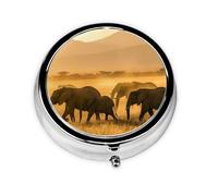 Round Travel Pill Organizer, Compact Daily Small Pill Case with 3 Compartments, Full Print Design Elephants on the Grassland