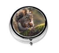 Round Travel Pill Organizer, Compact Daily Small Pill Case with 3 Compartments, Full Print Design Squirrels in the Forest