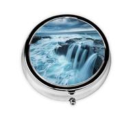 Round Travel Pill Organizer, Compact Daily Small Pill Case with 3 Compartments, Full Print Design The surging Waves