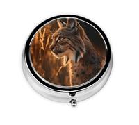 Round Travel Pill Organizer, Compact Daily Small Pill Case with 3 Compartments, Full Print Design The Lynx of the Grassland