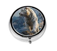 Round Travel Pill Organizer, Compact Daily Small Pill Case with 3 Compartments, Full Print Design White Tiger