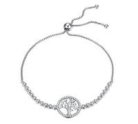 Round Tree of Life Tennis Bracelet Sterling Silver 925 Cubic Zirconia Adjustable Anchor Chain 10"