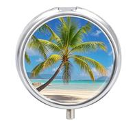 Round Tropical Palm Tree Pill Box Small Pill Case with 3 Compartment Portable Metal Medicine Organizer Mini Travel Medicine Vitamin Supplement Container for Pocket Purse