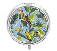 Round Tropical Plants and Parrots Pill Organizer Pill Box 3 Compartment Portable Travel Medicine Case Daily Mini Compact Medicine Container Storage Vitamin Supplement Dispenser