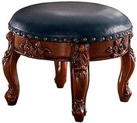 Round Upholstered Footstool - Carved Faux Leather Footrest with Button for Sofa, Coffee Table & European Decor - Slish & Functal Home Accent