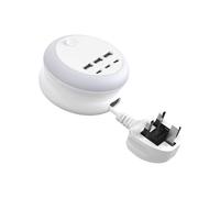 Round USB Power Hub with 3 USB-a and 3 Type C Ports, Retractable 3Prong Plug Cord, LED Night Light for Travel Desk