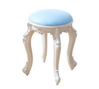 Round Vanity Stool for Bedroom 43cm Seat Height Padded Makeup Stool Vintage Scandinavian Footrest Portable Furniture for Small Spaces Blue PU Leather with Legs