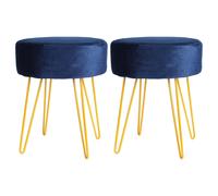 Round Velvet Footstools - H40 x D35cm - Gold Hairpin Legs - Pack of 2 Harbour Housewares Blue One Size