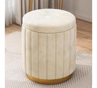 Round Velvet Storage Ottoman Footrest with Gold Metal Base - Modern Upholstered Vanity Stool for Living Room, Bedroom, Dorm - Removable Lid Entryway Foot Stools