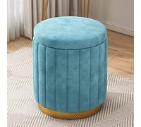 Round Velvet Storage Ottoman Upholstered Foot Rest Stool with Gold Base Large Capacity Vanity Chair for Living Room & Bedroom Stylish Blue Accent 34x34x45cm (13x13x18in)