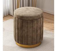 Round Velvet Storage Ottoman with Gold Base Large Capacity Upholstered Foot Rest Stool Elegant Vanity Chair for Living Room and BedroomBrown 34x34x45cm (13x13x18inch)