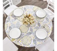 Round Vinyl Fitted Tablecloth with Flannel Backing Elastic Edge Design Table Cover Waterproof Oil-Proof PVC Table Cloth Stain-Resistant Best for 37"-44" Round
