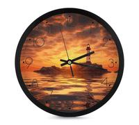 Round Wall Clock Battery Operated Wall Clocks Sea Lighthouse in Sunset Silent Non-Ticking Walls Clock Modern Small Analog Quartz Clocks for Office Home Bathroom Kitchen Bedroom Easy to Read Black