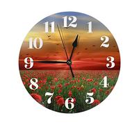 Round Wall Clock Beautiful Poppy Field Clocks Silent Non Ticking Wonderful Colorful Sky Flying Birds Sunset Painting Clock Battery Operated Decor Clocks for Home Decor