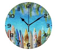 Round Wall Clock Non Ticking Silent 10 inch Clock Battery Operated Creative Quiet Clock for Kitchen Bathroom Laundry Wall Decor Clock Surfboards Clear Sky Palm Leafs