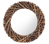Round Wall Mirror 60 cm Natural Teak Solid Wood Frame Woven Branches Glass Hook