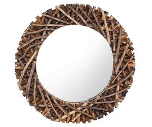 Round Wall Mirror 60 cm Natural Teak Solid Wood Frame Woven Branches Glass Hook