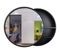 Round Wall Mounted Bathroom Mirror with Solid Wood Storage Shelf Push Pull Design Makeup Vanity Mirror 50cm 19.7in Black Color Perfect for Home Decor.