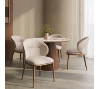 Round Walnut and Marble Effect Dining Table Set with 4 Beige Real Leather Chairs - Seats 4 - Malia
