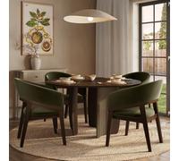 Round Walnut Dining Table Set with 4 Olive Green Velvet Chairs - Seats 4 - Leona