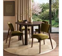 Round Walnut Dining Table Set with 4 Olive Green Velvet Curved Back Dining Chairs - Seats 4 - Hana