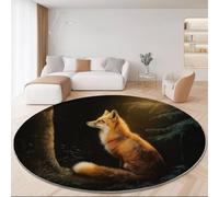 Round Washable Area Rug, Animals Foxes Forests Pattern Brown Circle Carpet, Low Pile Stain Resistant Non-Slip Mat for Entryway Hallway, Pet Friendly, 90 cm