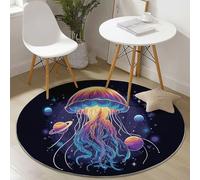 Round Washable Area Rugs Fantasy Space Jellyfish Print, 60 cm Thin Flannel Round Rug for Kids Room Living Room Home Floor Mat Decor, Shaggy Non-Slip Circle Carpet, Black