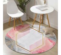 Round Washable Area Rugs Modern Geometric Marble Texture Print, 160 cm Thin Flannel Round Rug for Kids Room Living Room Home Floor Mat Decor, Shaggy Non-Slip Circle Carpet, Gray Pink