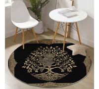 Round Washable Area Rugs Ornate Style Celtic Tree Of Life Print, 150 cm Thin Flannel Round Rug for Kids Room Living Room Home Floor Mat Decor, Shaggy Non-Slip Circle Carpet, Black Gold