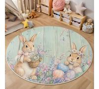 Round Washable Rug 100cm - Soft Fresh And Pastoral Style Rabbit Flower Basket Easter Egg Area Carpet with Non-Slip Backing, Machine Washable Floor Mat for Bedroom, Living Room & Nursery Mint Green