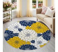 Round Washable Rug 120 cm Blue - Soft Abstract Area Carpet with Non-Slip Backing, Machine Washable Floor Mat for Bedroom, Living Room & Nursery, Modern Bohemian Floral Botanical Dahlia Leaf