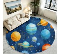 Round Washable Rug 170 cm - Soft Short Pile Cartoon Planet Area Carpet Non-Slip Backing, Lightweight Stain Resistant Circle Rug for Bedroom, Living Room & Kids Room Home, Outer Space Universe