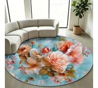 Round Washable Rug 60 cm - Soft Short Pile French Pastoral Area Carpet Non-Slip Backing, Lightweight Stain Resistant Circle Rug for Bedroom, Living Room & Kids Room Home, Floral Rose Peony
