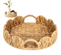 Round Water Hyacinth Woven Basket Tray with Handle, 12 Inch Scalloped Rattan Serving Tray for Table & Vanity