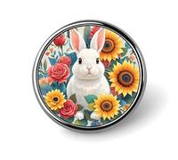 Round Watercolor Rabbit And Flowers Brooch Classic Mini Pin 1 Inch Aluminum Alloy Lapel Pin Personalized Button Badge for Backpack Hat Suit Jacket Clothing Decoration