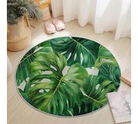 Round Watercolor Rug 120cm, Non-Slip Washable Area Rugs for Bedroom Simple Tropical Botanical Leaves Soft Printed Carpet Non-Shedding Living Room Kitchen and Playroom Available Green