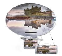 Round Waterproof Picnic Blanket, Castle Near Lake Stones Printed Outdoor Foldable Picnic Mat for Camping Beach Grass Park