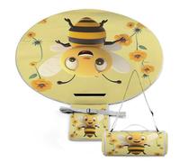 Round Waterproof Picnic Blanket, Happy Bee Printed Outdoor Foldable Picnic Mat for Camping Beach Grass Park