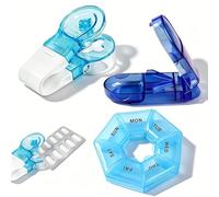 Round Weekly Pill Organizer, Cutter & Blister Pack Opener Set with Portable Storage Compartment, No-Touch Pill Remover Tool for Daily Medication Management, Elderly Pill Aid and Tablets (Blue,1 Set)