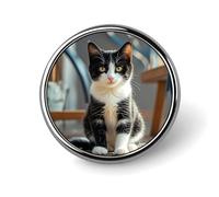 Round White And Black Kitten Sitting Brooch Classic Mini Pin 1 Inch Aluminum Alloy Lapel Pin Personalized Button Badge for Backpack Hat Suit Jacket Clothing Decoration