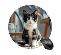 Round White and Black Kitten Sitting Mouse Pad Non-Slip Rubber Base Waterproof Mouse Mat Travel Portable Gaming Mousepad for Office Work Home Computer Laptop Personalized Accessory
