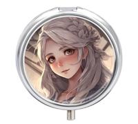 Round White Hair Anime Pill Box Small Pill Case with 3 Compartment Portable Metal Medicine Organizer Mini Travel Medicine Vitamin Supplement Container for Pocket Purse