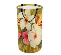 Round White Hibiscus Flower Laundry Hamper Large Collapsible Waterproof Laundry Basket with Handles Dirty Clothes Toy Storage Organizer Bin for Bedroom Dorm Bathroom