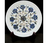 Round White Marble Decorative Plate | 8 Inches Pizza Serving Plate with Natural Blue Stone Inlay Work | Handmade Collectible Plate for Showcase Decor | Housewarming Gift