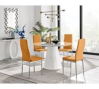 Round White Marble Dining Table with 4 Mustard Yellow Faux Leather Chairs, Milan Style, Elegant Silver Legs for Modern Dining Room Decor